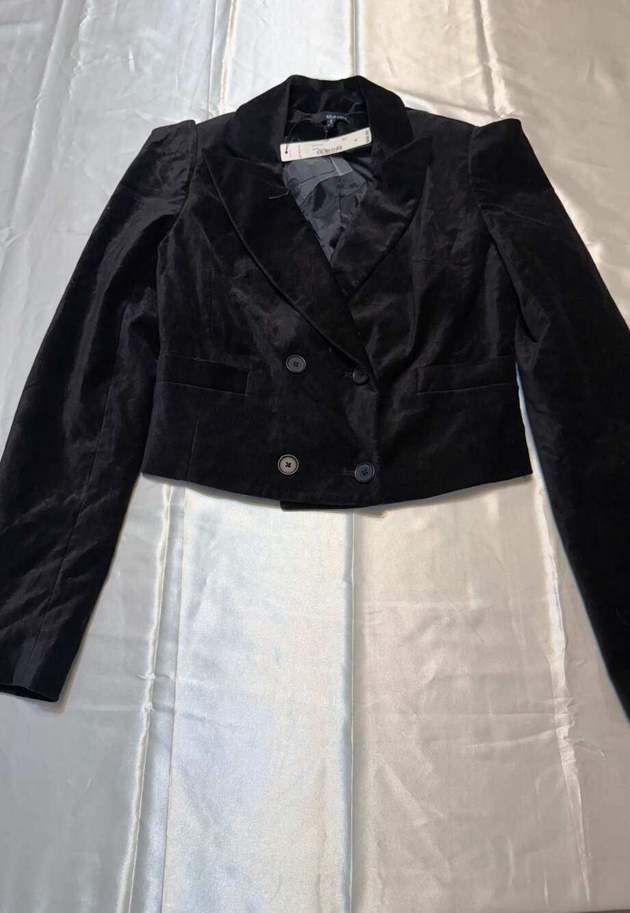 she said... Black Velvet Double-Breasted Cropped Blazer Jacket Size 0 NWT